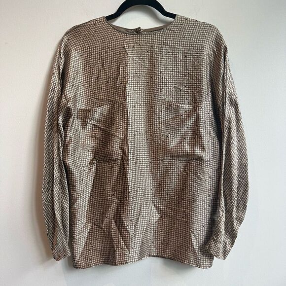 Ellen Tracy  !00% Silk Beige Check Back Button Blouse Size 2 - Picture 1 of 8